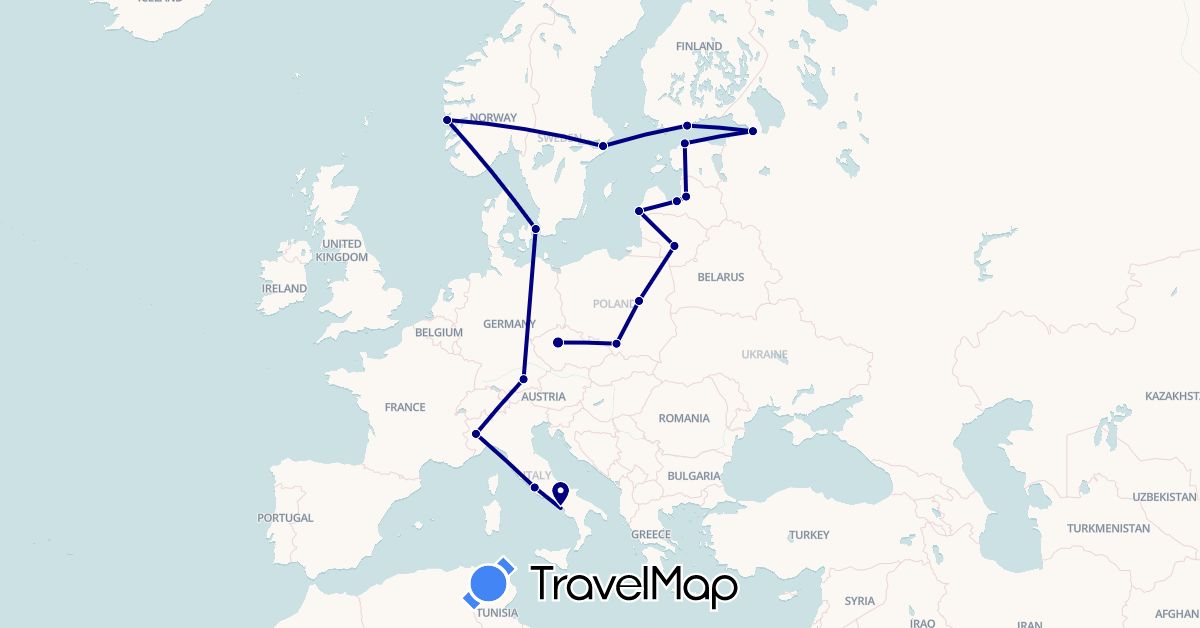 TravelMap itinerary: driving in Czech Republic, Germany, Denmark, Estonia, Finland, Italy, Lithuania, Latvia, Norway, Poland, Russia, Sweden (Europe)
