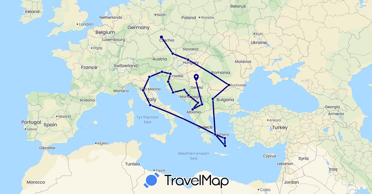 TravelMap itinerary: driving in Albania, Austria, Bosnia and Herzegovina, Bulgaria, Czech Republic, Greece, Croatia, Hungary, Italy, Montenegro, Macedonia, Romania, Serbia, Slovenia, Kosovo (Europe)